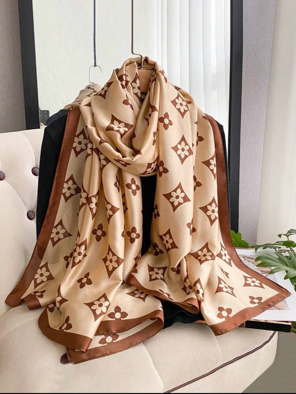 NWT Elegant Floral Print Faux Silk Fall Scarf, Versatile Shawl Beige/Brown